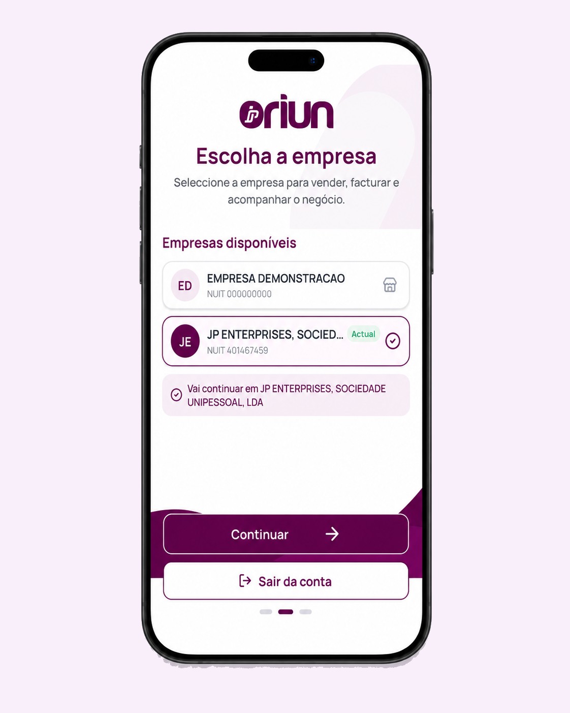 Ecrã real de selecção de empresa no Oriun Vendas