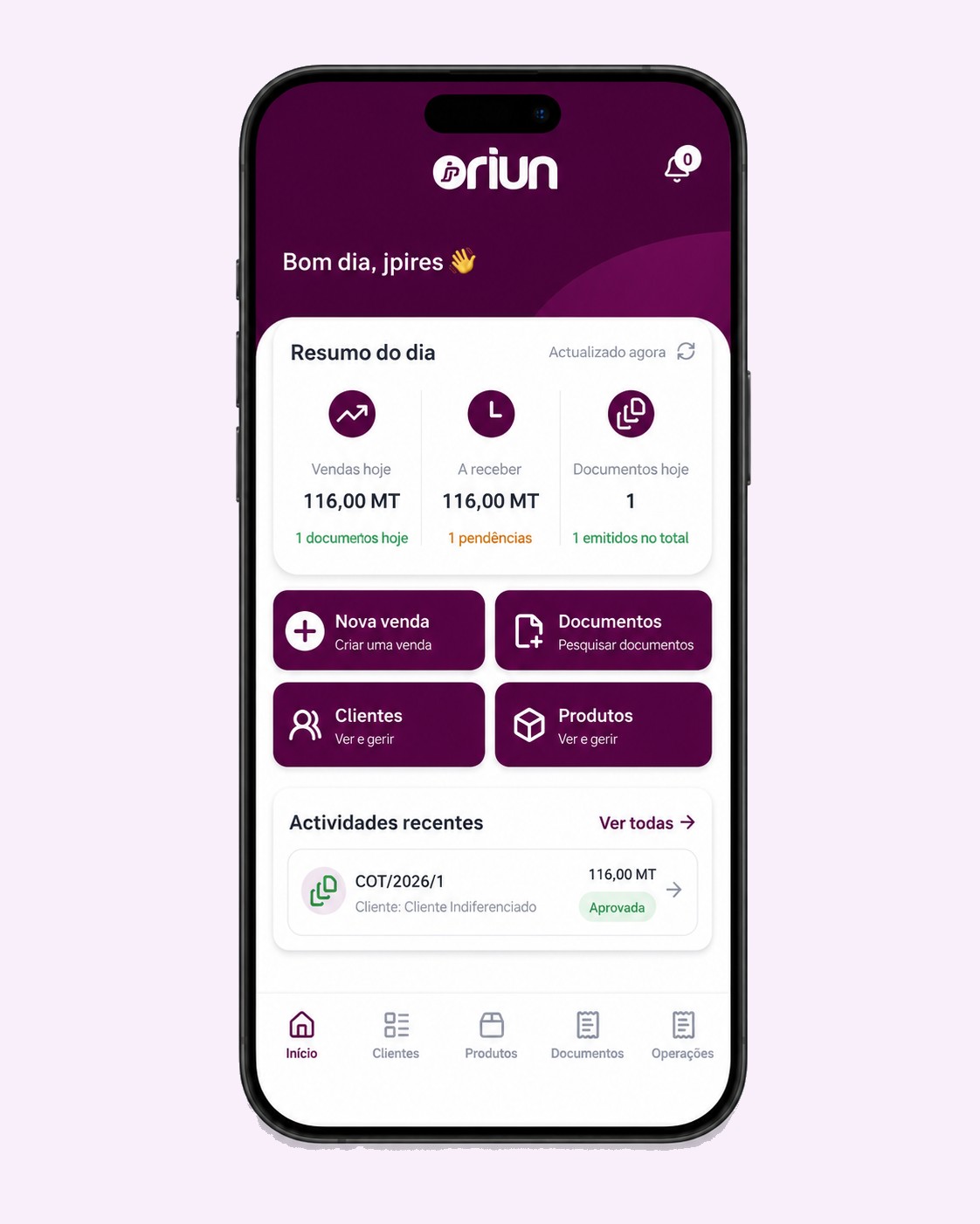 Dashboard real do Oriun Vendas