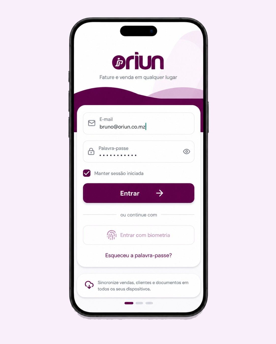 Ecrã real de login do Oriun Vendas