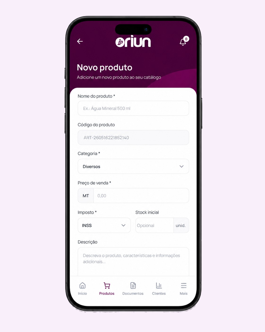 Ecrã real de produto no Oriun Vendas